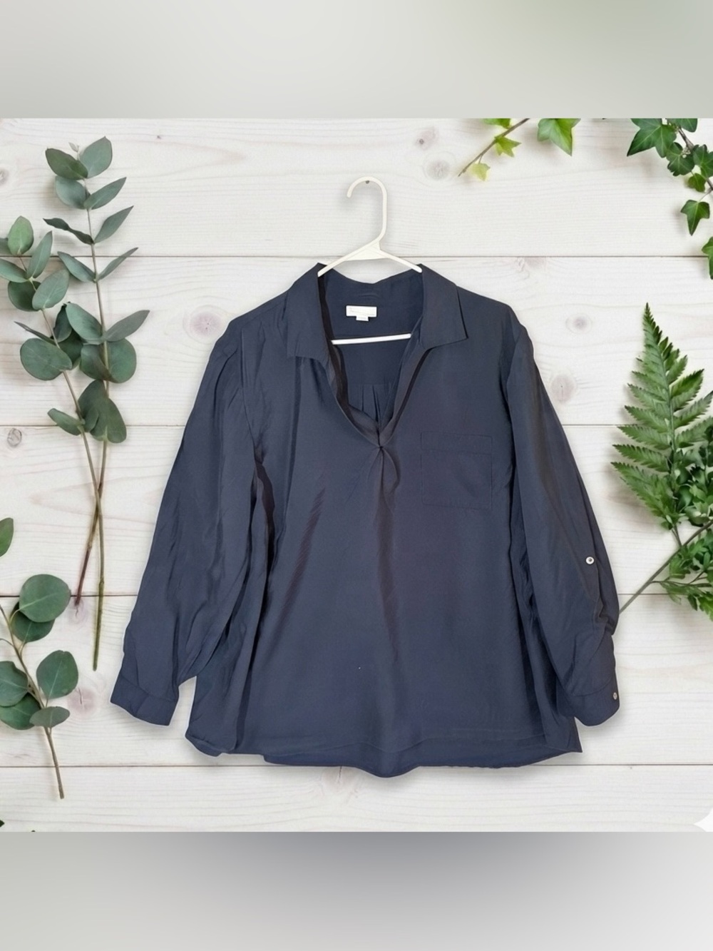 J Jill Top 2X Plus Navy Blue Modal Blend Split V Neck Roll Tab Sleeve Blouse
